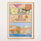 Poster illustré de marseille, l'été marseillais, apéro et plage 
