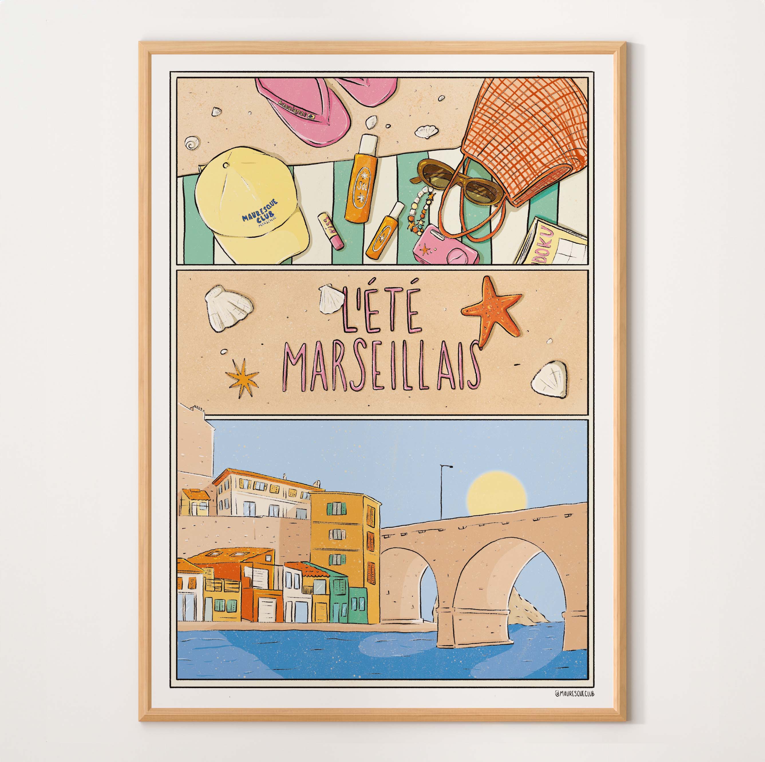 Poster illustré de marseille, l'été marseillais, apéro et plage 