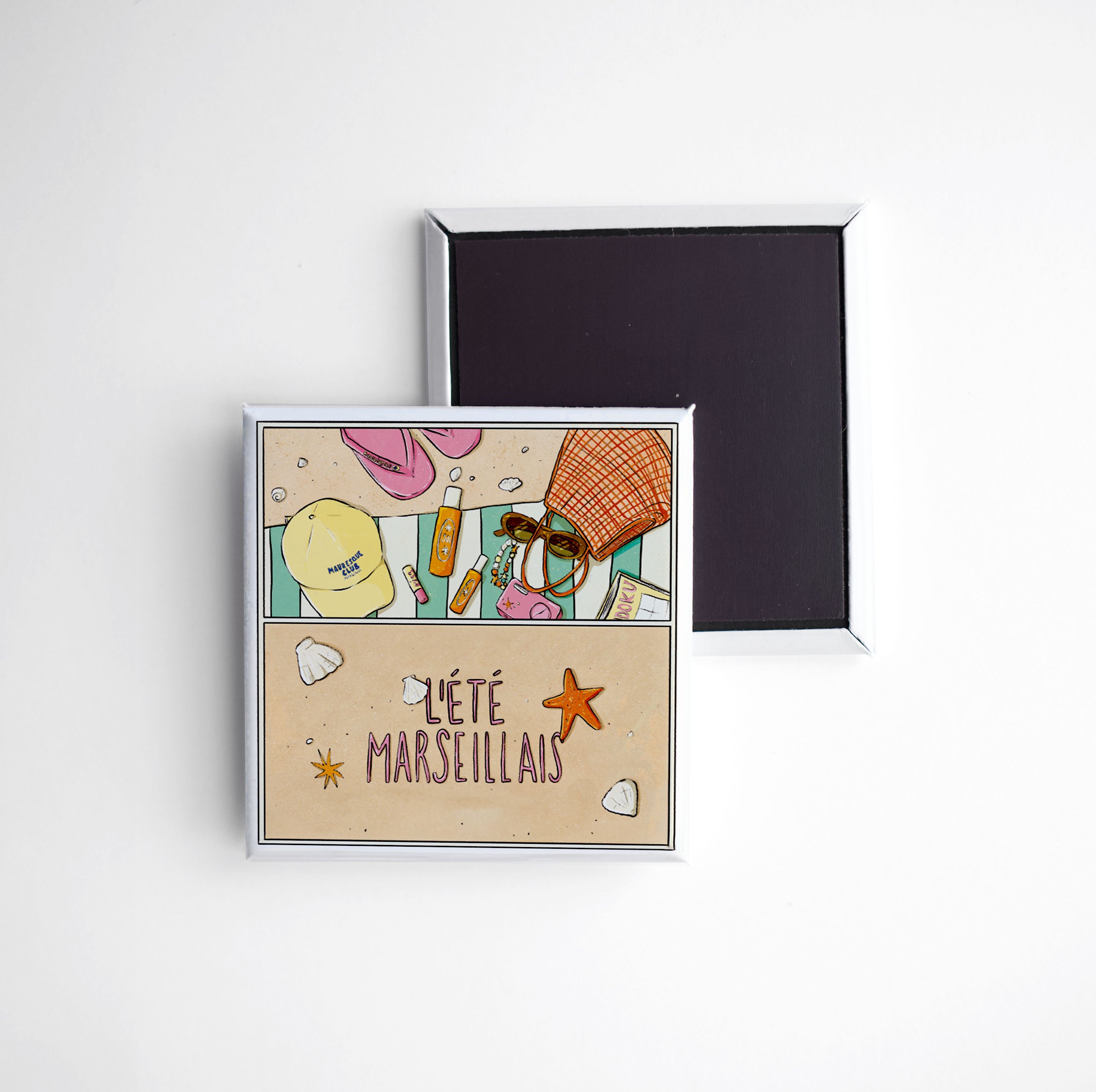 magnet carré illustré l'été marseillais - plage marseille