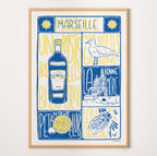 poster A3 Marseille bonne mère pétanque et ricard pastis, bleu et jaune