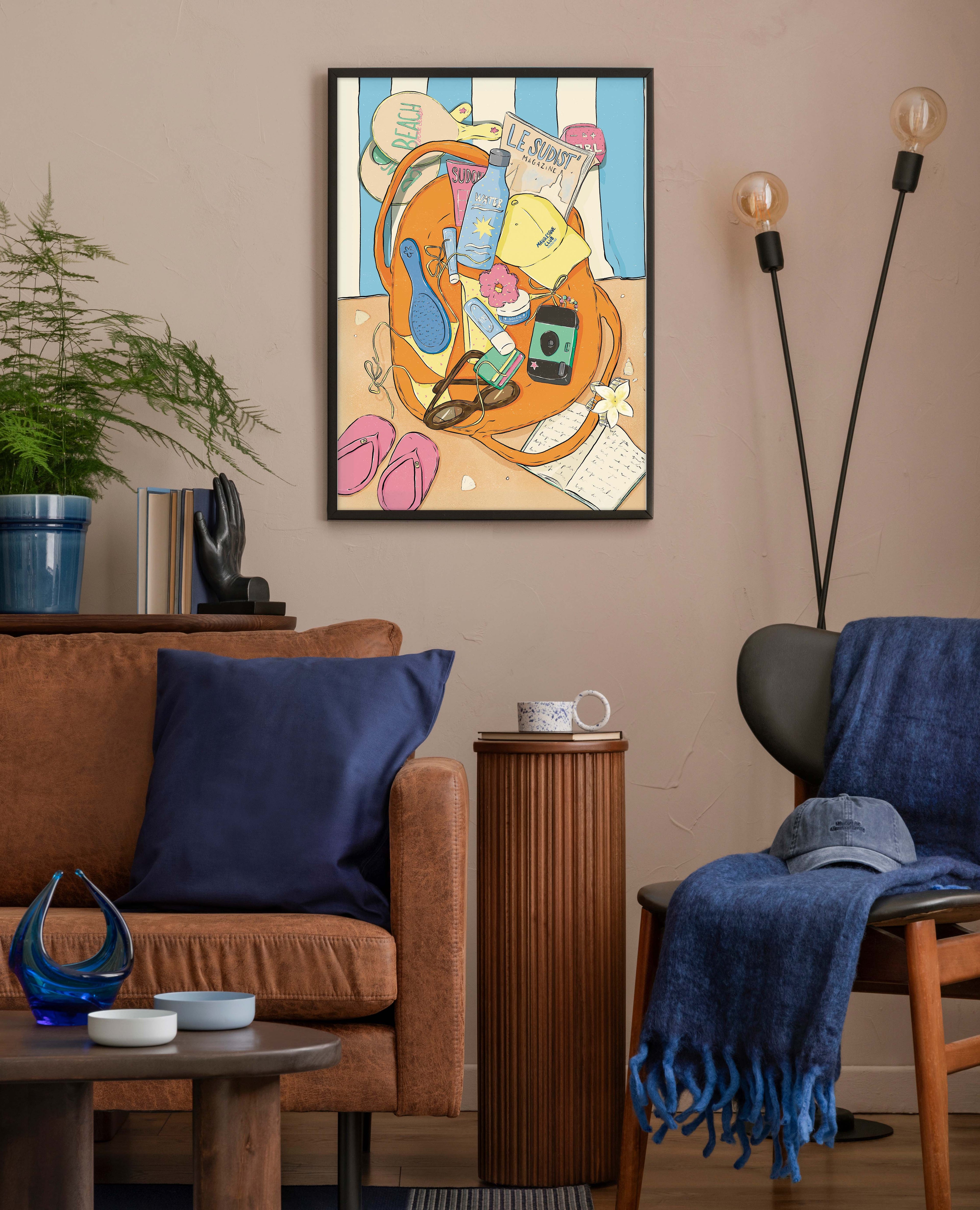 poster décoration sac de plage illustré avec le must have pour les plages du sud